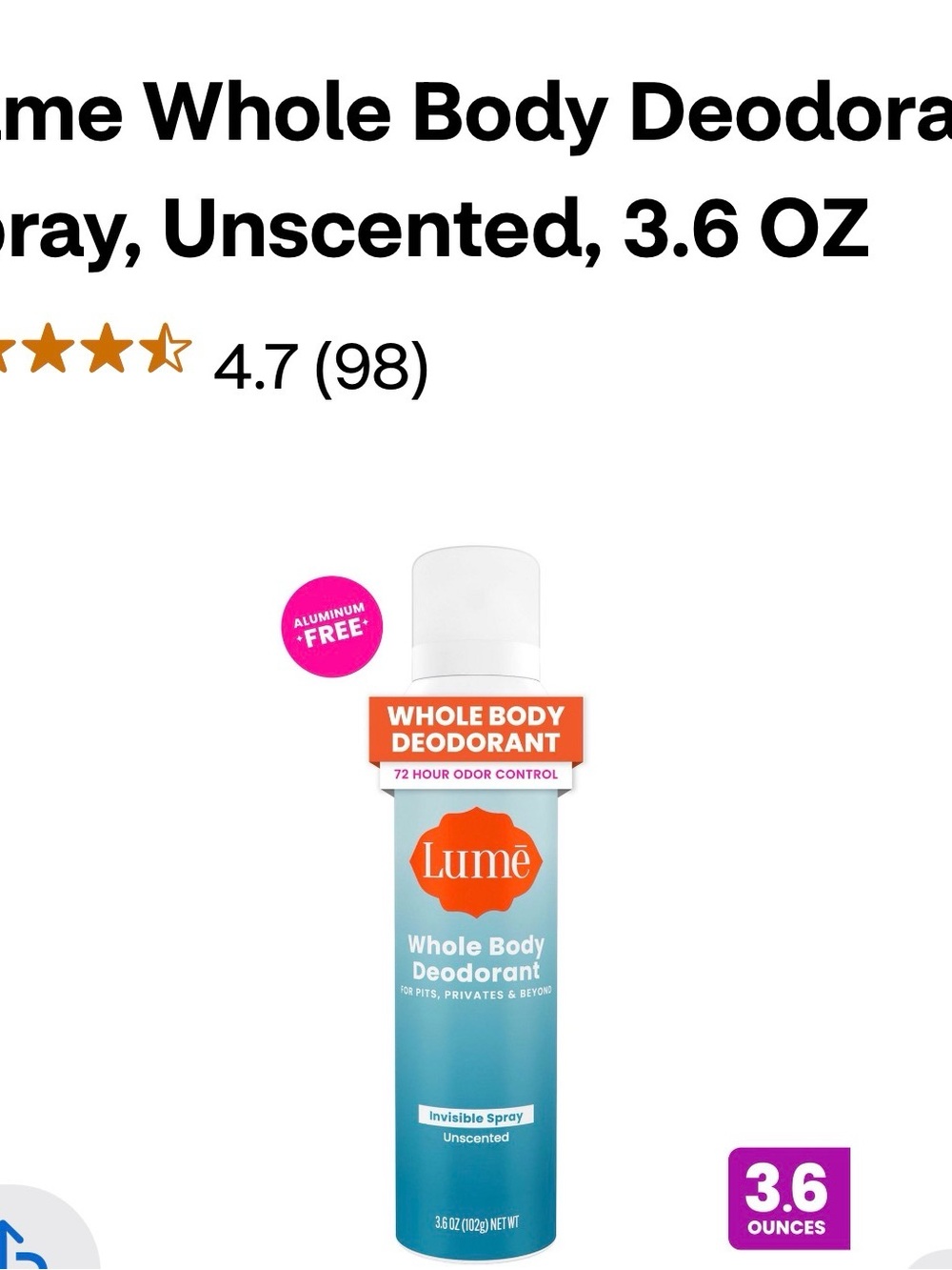 Lume Whole Body Deodorant Spray – Unscented Blue.  3 pack (multi pack available)